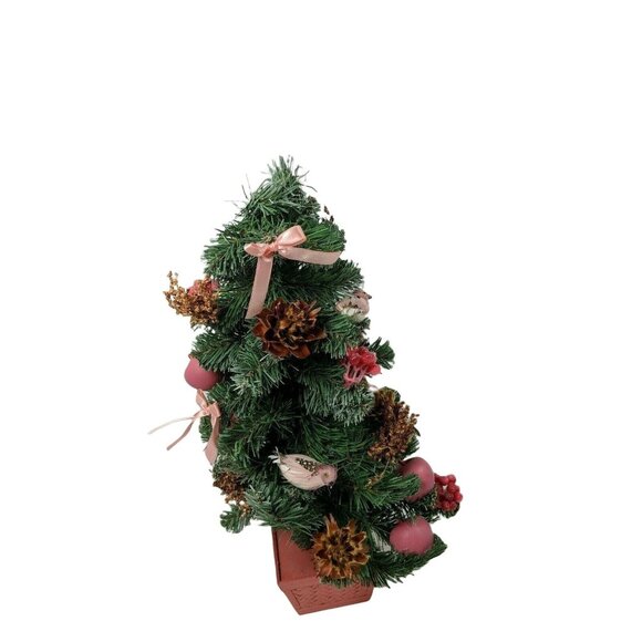 Miniature Christmas Tree In Red Basket W/ Pinecones Birds & Pink Ribbon Decor 20 - Picture 5 of 6